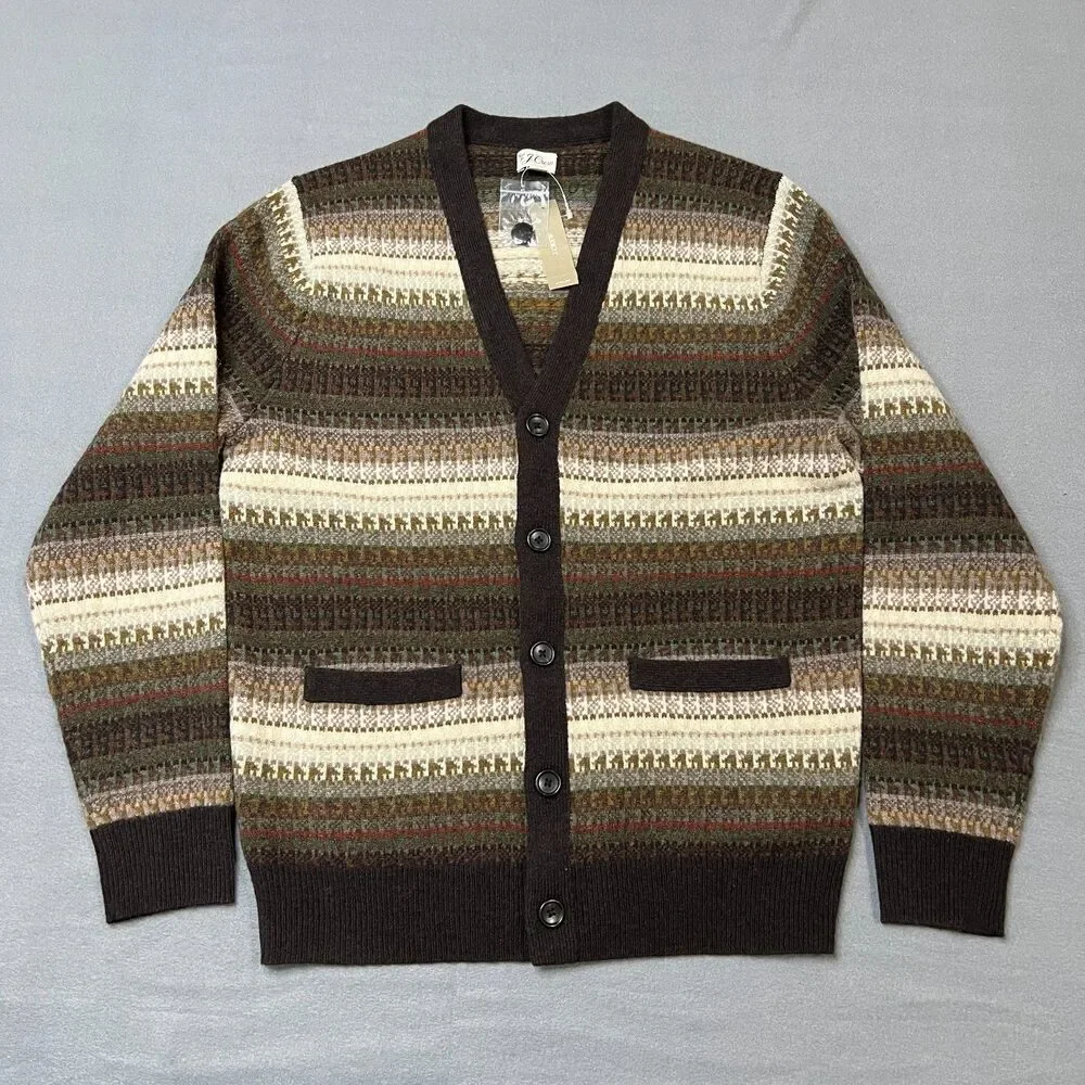 J.Crew Cardigan Sweater Men Medium Brown Ivory Fair Isle Wool Blend Button Front